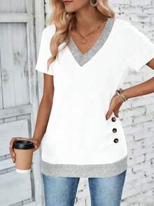 SHEIN Women's Contrast Color V-Neck Short Sleeve Casual T-Shirt With Side Button Design - Multicolor - View 5