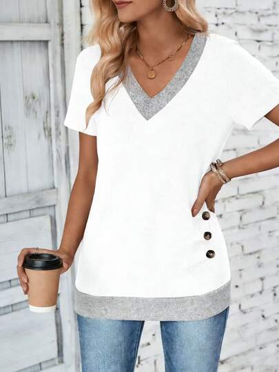 SHEIN Women's Contrast Color V-Neck Short Sleeve Casual T-Shirt With Side Button Design