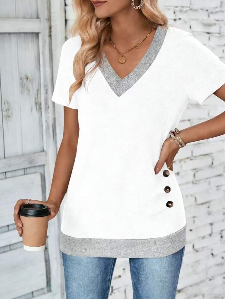 SHEIN Women's Contrast Color V-Neck Short Sleeve Casual T-Shirt With Side Button Design - Multicolor - View 5