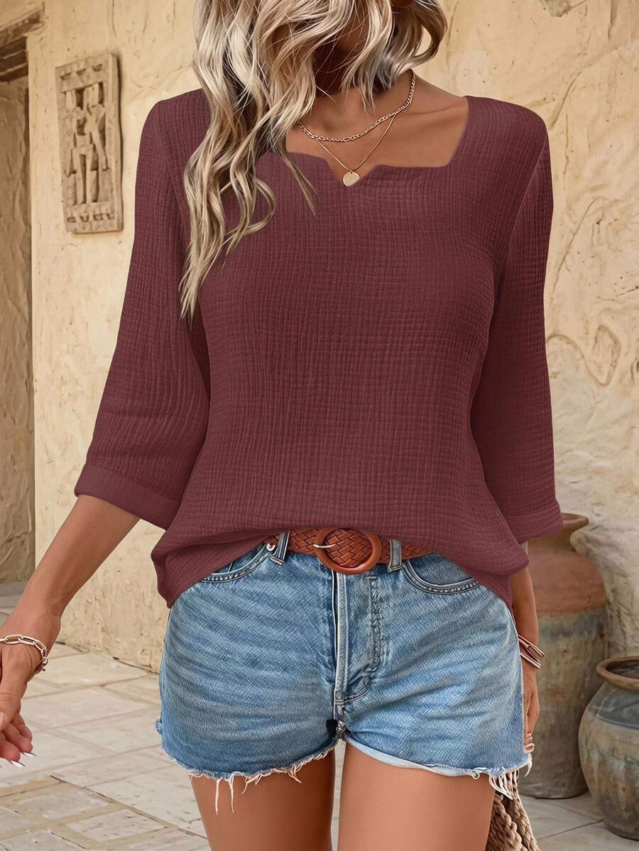 EMERY ROSE Women's Basic Solid Color Square Neck 3/4 Sleeve Casual Blouse - Chocolate Brown - View 1