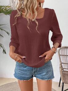 EMERY ROSE Women's Basic Solid Color Square Neck 3/4 Sleeve Casual Blouse - Chocolate Brown - View 4
