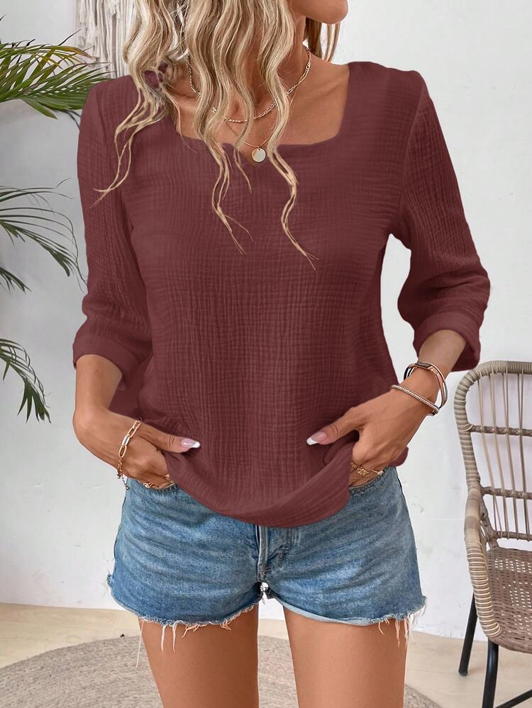EMERY ROSE Áo cánh đơn giản màu trơn cổ vuông tay 3/4 dành cho nữ - Màu nâu Sô-cô-la - Xem 4