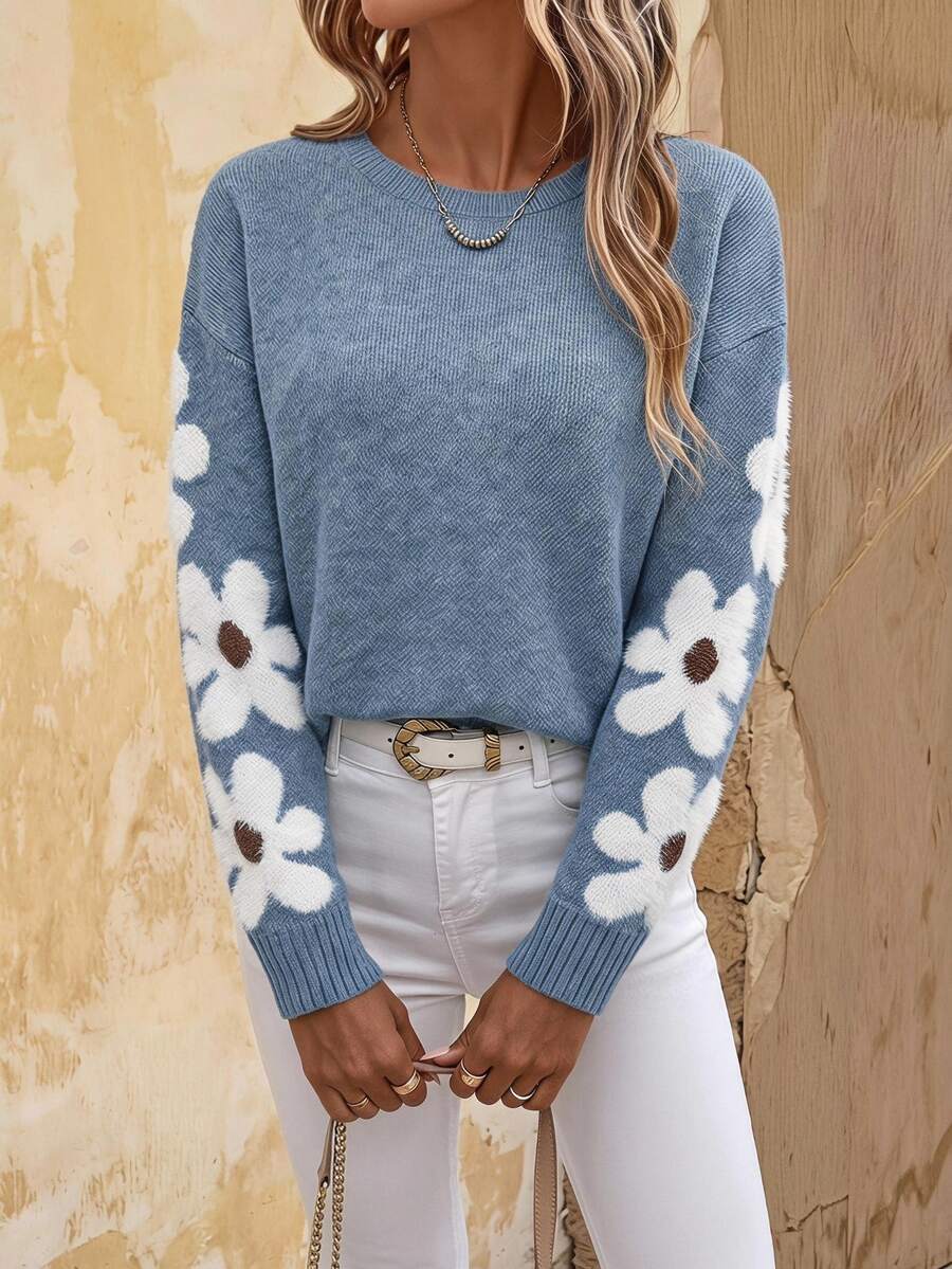 EMERY ROSE Suéter casual de mujer con patrón floral, jersey de punto para otoño e invierno - Neblina azul - Ver 1