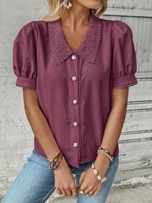 EMERY ROSE Camisa de verano suelta y casual de unicolor con botones delanteros, mangas de pétalos y hombros regulares - Morado - Ver 6