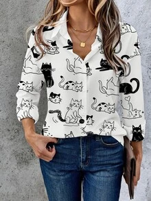 EMERY ROSE Casual Minimalist Cartoon Pattern Loose Long Sleeve Women Shirt, Suitable For Summer Suitable For Going Out Chic Blouses For Women,Casual - Black and White - View 5