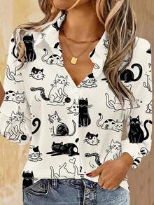 EMERY ROSE Casual Minimalist Cartoon Pattern Loose Long Sleeve Women Shirt, Suitable For Summer Suitable For Going Out Chic Blouses For Women,Casual - Black and White - View 2