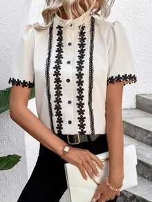 EMERY ROSE Apricot Lace Collar Short Sleeve Women Blouse - Apricot - View 3