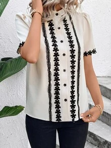 EMERY ROSE Apricot Lace Collar Short Sleeve Women Blouse - Apricot - View 4