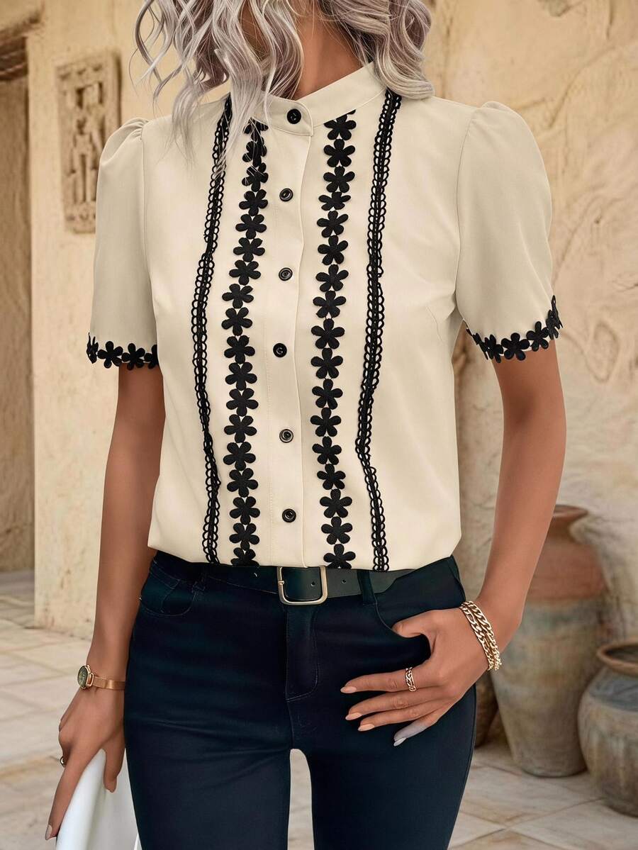 EMERY ROSE Apricot Lace Collar Short Sleeve Women Blouse - Apricot - View 1