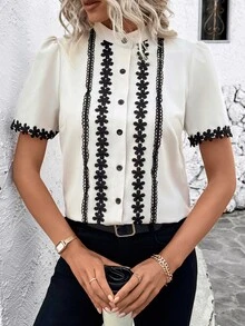 EMERY ROSE Apricot Lace Collar Short Sleeve Women Blouse - Apricot - View 5