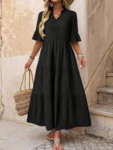 EMERY ROSE Women's Solid Color Notched Collar Ruffle Hem Casual Boho Vacation Mid-Length Dress Black Tiered For Ladies Summer - Black - View 2