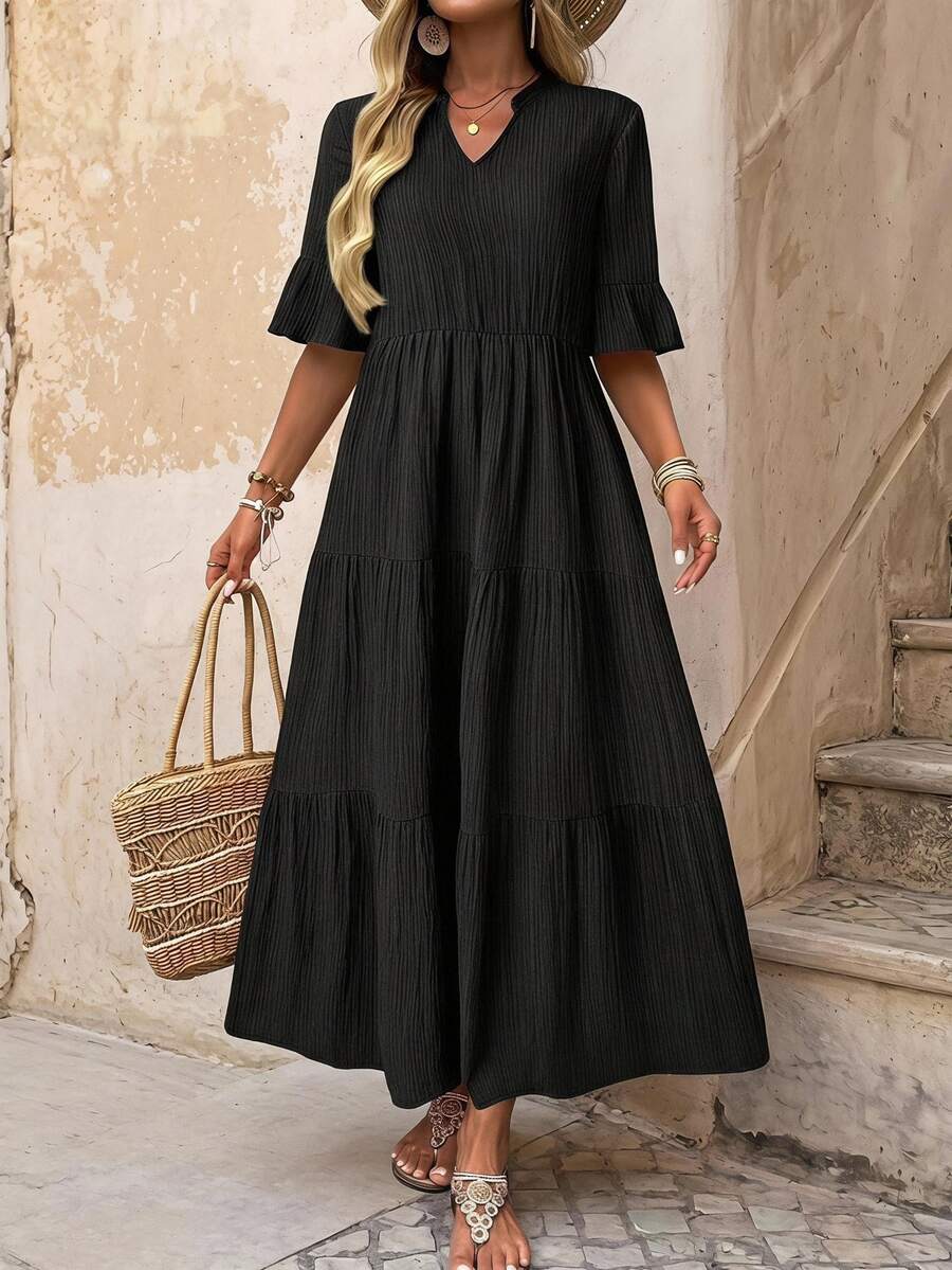 EMERY ROSE Women's Solid Color Notched Collar Ruffle Hem Casual Boho Vacation Mid-Length Dress Black Tiered For Ladies Summer