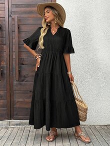 EMERY ROSE Women's Solid Color Notched Collar Ruffle Hem Casual Boho Vacation Mid-Length Dress Black Tiered For Ladies Summer - Black - View 4