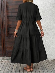 EMERY ROSE Women's Solid Color Notched Collar Ruffle Hem Casual Boho Vacation Mid-Length Dress Black Tiered For Ladies Summer - Black - View 3