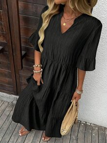 EMERY ROSE Women's Solid Color Notched Collar Ruffle Hem Casual Boho Vacation Mid-Length Dress Black Tiered For Ladies Summer - Black - View 6