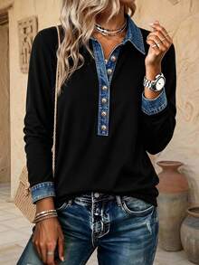 EMERY ROSE Recommended Best-Selling Casual Design Faux Denim Color Block Patchwork Polo Collar Women's Long Sleeve Top, Suitable For Daily Shopping, Dating And Commuting, Back To School Season, Loose And Slimming, Versatile Style For All Seasons - Multicolor - View 2