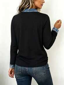 EMERY ROSE Recommended Best-Selling Casual Design Faux Denim Color Block Patchwork Polo Collar Women's Long Sleeve Top, Suitable For Daily Shopping, Dating And Commuting, Back To School Season, Loose And Slimming, Versatile Style For All Seasons - Multicolor - View 3