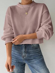 EMERY ROSE Tropiluxe Women's Solid Color Simple Casual Crew Neck Long Sleeve Dusty Mauve Sweater School Autumn - Dusty Pink - View 6