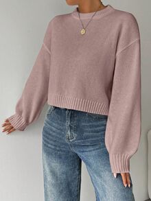 EMERY ROSE Tropiluxe Women's Solid Color Simple Casual Crew Neck Long Sleeve Dusty Mauve Sweater School Autumn - Dusty Pink - View 3