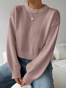 EMERY ROSE Tropiluxe Women's Solid Color Simple Casual Crew Neck Long Sleeve Dusty Mauve Sweater School Autumn - Dusty Pink - View 4