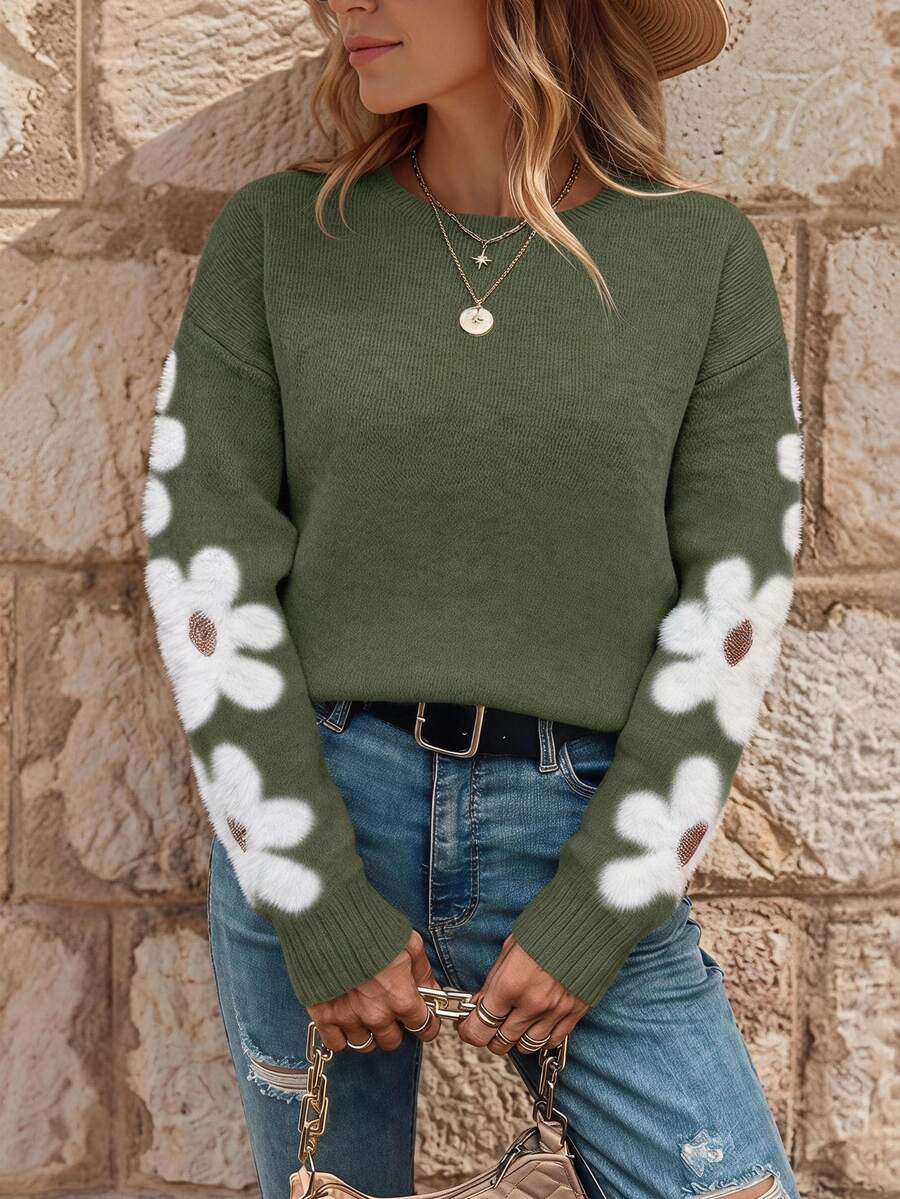 EMERY ROSE Suéter de hombros caídos con estampado floral, parte superior de punto de manga larga para otoño e invierno, Navidad - Verde - Ver 1