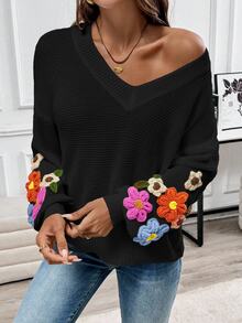 EMERY ROSE Casual Fashion Versatile V-Neck Crochet Sleeve Floral Decor Lantern Sleeve Women Pullover Sweater - Black - View 3