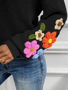EMERY ROSE Casual Fashion Versatile V-Neck Crochet Sleeve Floral Decor Lantern Sleeve Women Pullover Sweater - Black - View 7