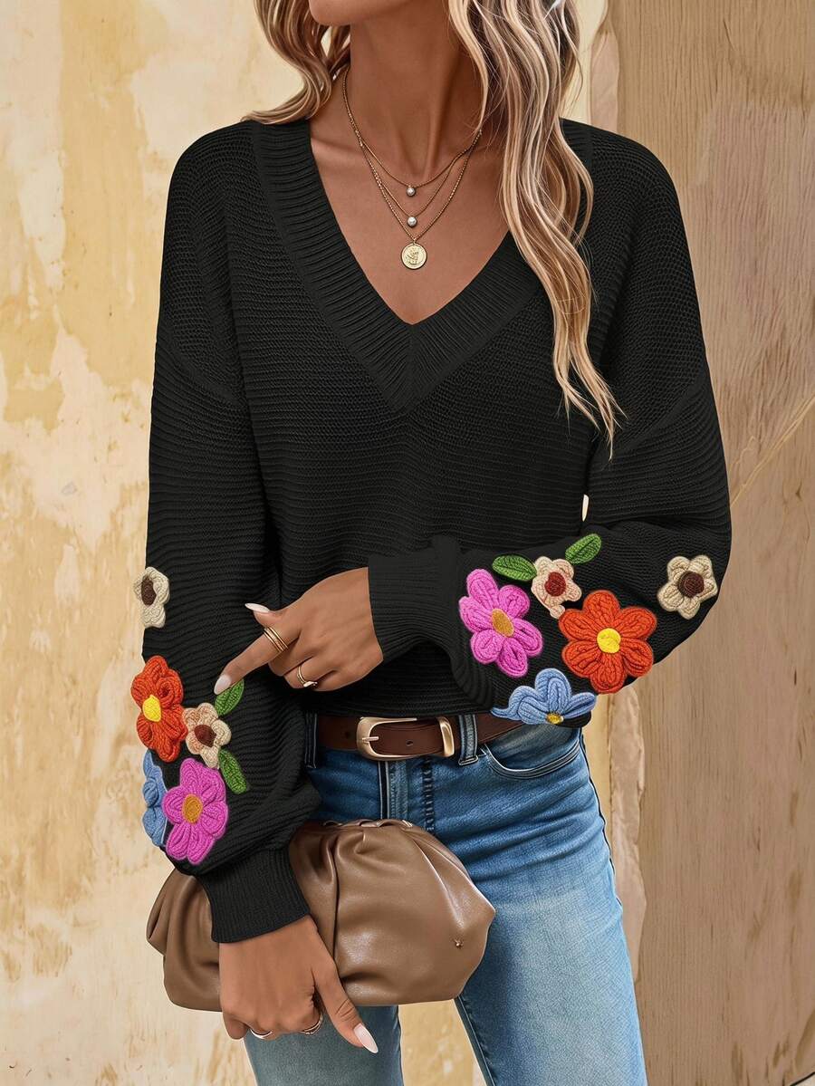 EMERY ROSE Casual Fashion Versatile V-Neck Crochet Sleeve Floral Decor Lantern Sleeve Women Pullover Sweater - Black - View 1