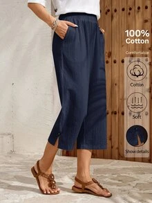 EMERY ROSE بنطلون كابري نسائي بلون موحد وخصر مطاطي وجيوب، كاجوال أساسي مع فتحة جانبية في الحافة، للخروج اليومي والعطلات والإجازات والعمل، أزرق داكن، صيفي - أزرق بحري - مشاهدة 7