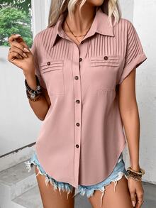EMERY ROSE Women Summer Solid Color Pleated Batwing Short-Sleeved Casual Shirt,Short Sleeve Tops - Dusty Pink - View 3