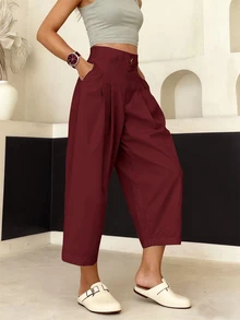 EMERY ROSE Women's Solid Color Pleated Pocket Casual Pants, Versatile For Daily Wear - Burgundy - View 3