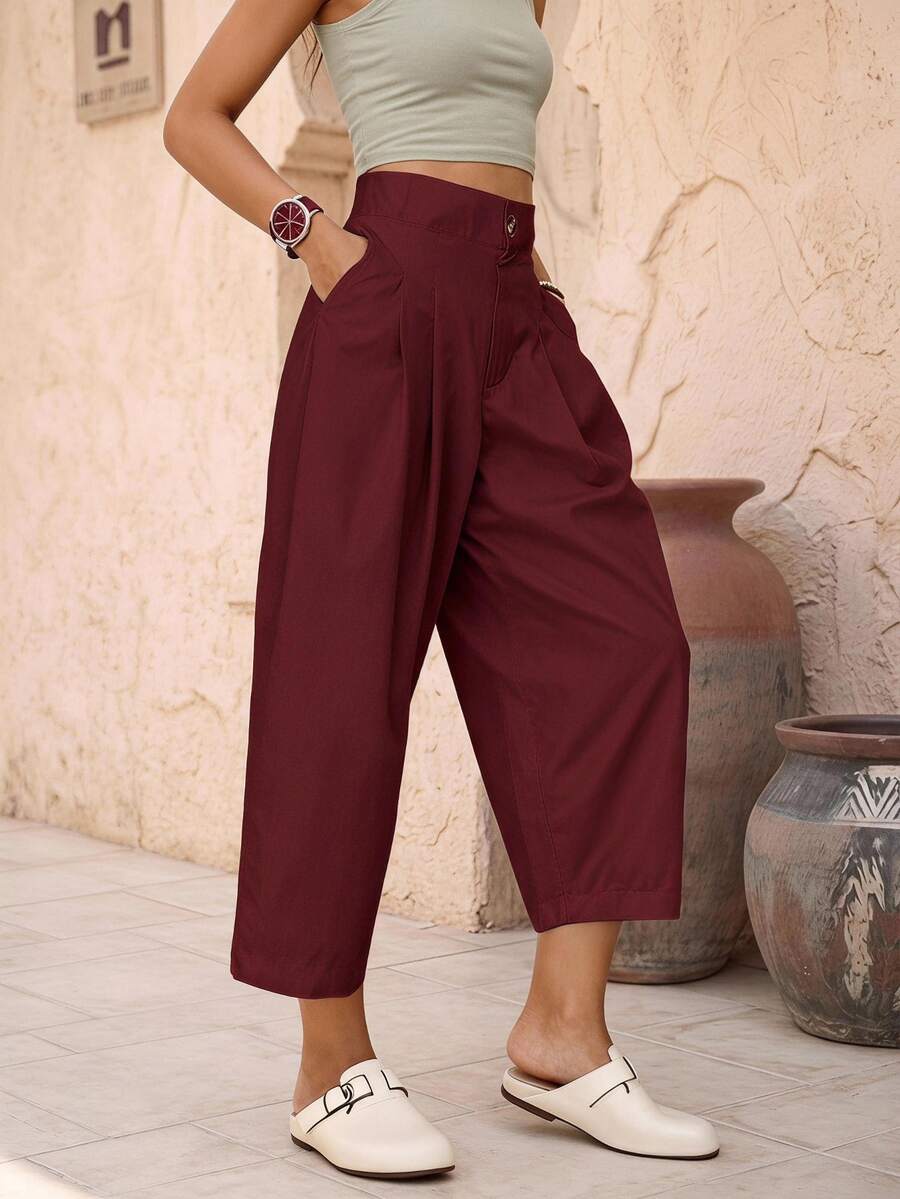 EMERY ROSE Women's Solid Color Pleated Pocket Casual Pants, Versatile For Daily Wear - Burgundy - View 1