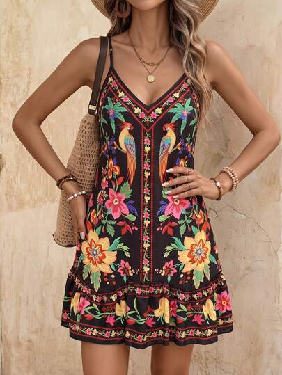 EMERY ROSE Vestido de Praia de Verão Feminino com Alças Ajustáveis, Estampa Boêmia, Patchwork, Design Assimétrico com Babados, Vestido de Férias, Vestido Elegante Feminino, Vestido de Páscoa Feminino, Vestido Casual Feminino, Vestido Halterneck Finas Feminino, Vestido Floral Feminino, Vestido de Férias Feminino, Vestido Campestre Feminino, Vestido de Feriado Feminino, Vestido Rosa Feminino, Roupa de Praia de Verão, Roupa de Festa, Roupa de Festival de Música, Balada, Reunião, Rancho, Rua