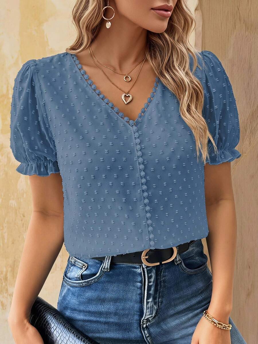 EMERY ROSE Camisa casual de manga corta de unicolor, minimalista y de moda, para uso diario - Azul - Ver 1