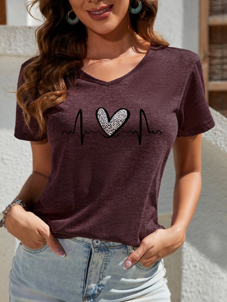 EMERY ROSE Women's Heartbeat Love Print Collar T-Shirt Graphic Tees Women Tops - Burgundy - View 3