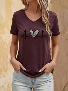 EMERY ROSE Women's Heartbeat Love Print Collar T-Shirt Graphic Tees Women Tops - Burgundy - View 1