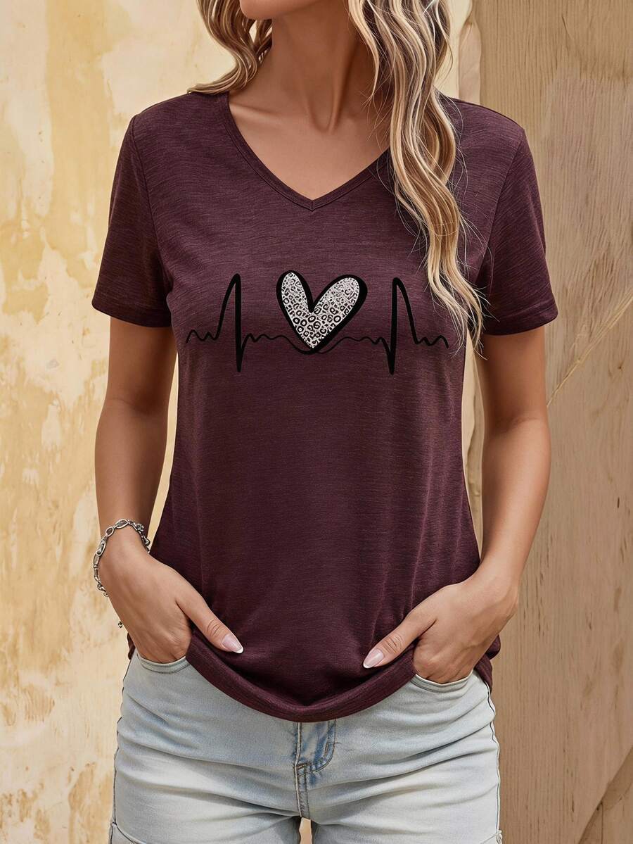 EMERY ROSE Women's Heartbeat Love Print Collar T-Shirt Graphic Tees Women Tops - Burgundy - View 1
