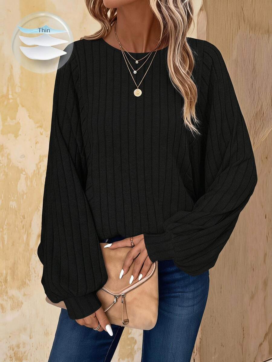EMERY ROSE Black Ribbed Knit Long Sleeve Sweatshirt Graduation,Back To School Outfits,Graduation,Teacher Outfits For Women,Back To School In Fall/Winter - Black - View 1