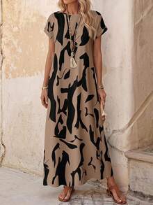 EMERY ROSE Modest Long Tunic Dress With Random Print And Short Batwing Sleeves,Casual Dresses For Women Chic Dress,Fall Dresses For Women,Casual - Multicolor - View 1