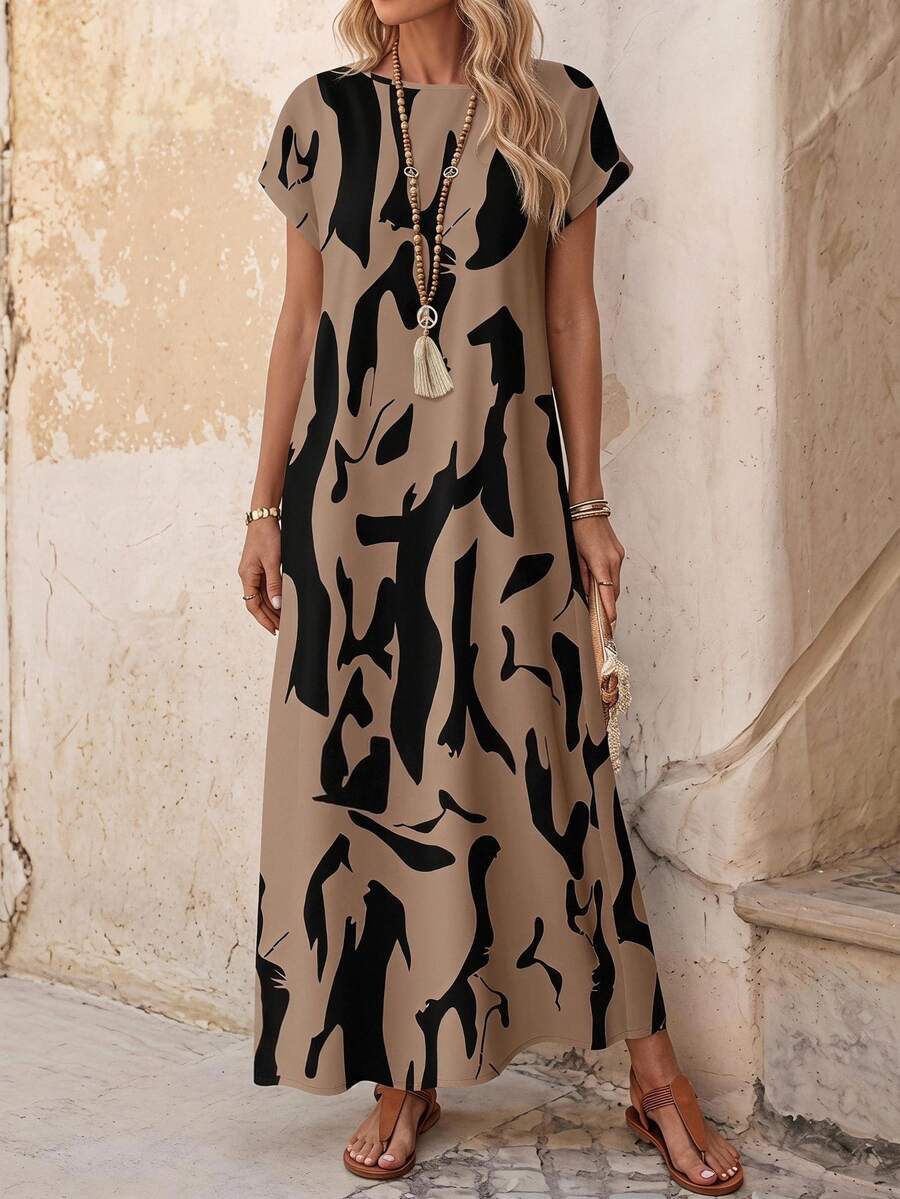 EMERY ROSE Modest Long Tunic Dress With Random Print And Short Batwing Sleeves,Casual Dresses For Women Chic Dress,Fall Dresses For Women,Casual - Multicolor - View 1