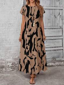 EMERY ROSE Modest Long Tunic Dress With Random Print And Short Batwing Sleeves,Casual Dresses For Women Chic Dress,Fall Dresses For Women,Casual - Multicolor - View 2