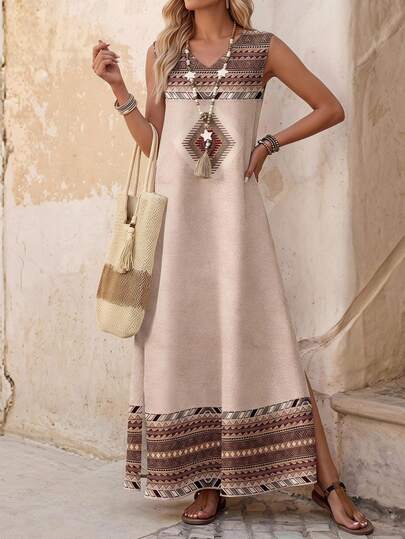 EMERY ROSE Gaun Kasual Minimalis Motif Geometris untuk Wanita, Cocok untuk Liburan Musim Semi/Panas, Gaun Musim Panas