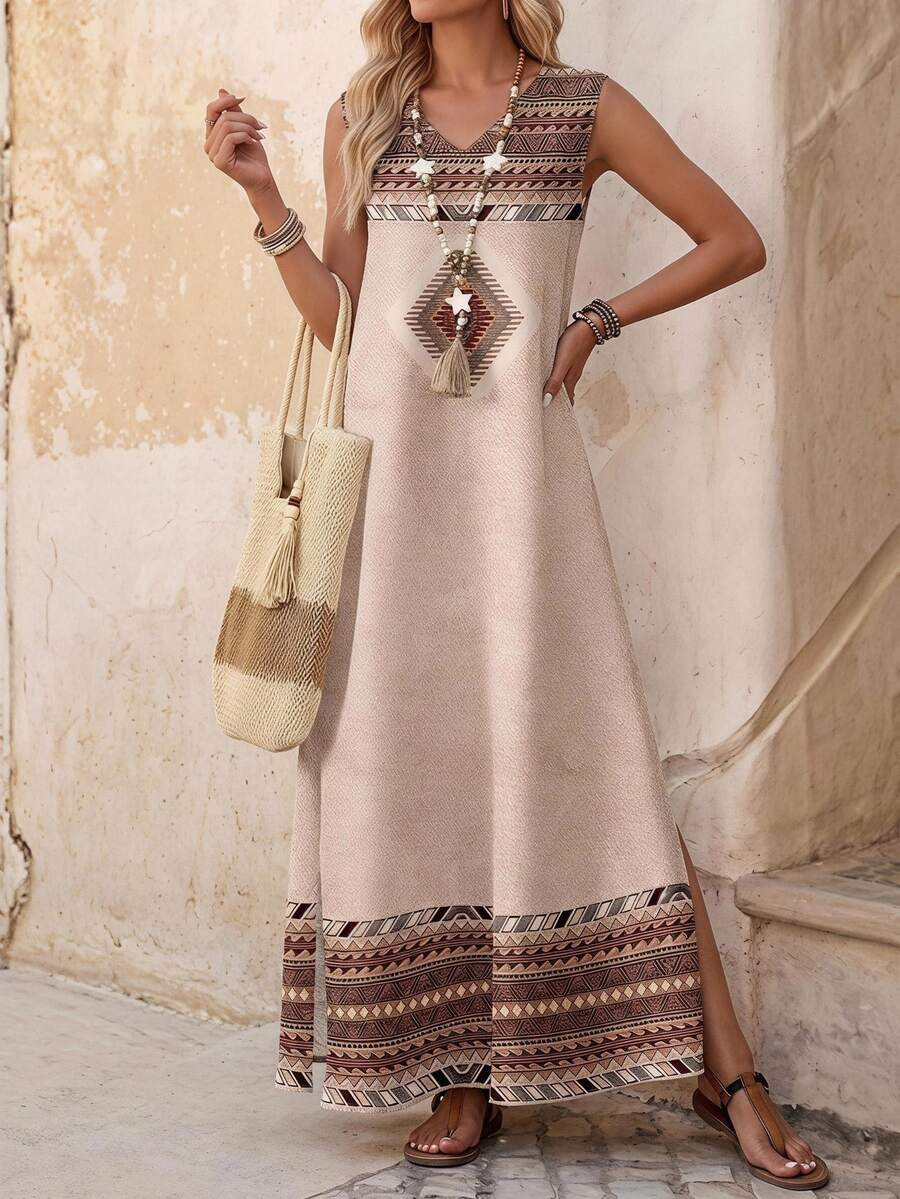 EMERY ROSE Casual Minimalist Geometric Print Dress For Women, Suitable For Spring/Summer Vacation ,Summer Dress - Multicolor - View 1