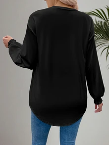 EMERY ROSE Mujeres camiseta de manga larga suelta de cuello redondo con puños enrollados - Negro - Ver 2
