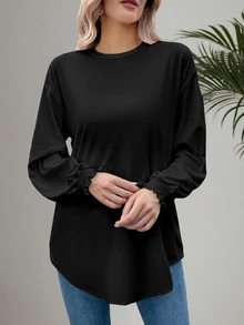 EMERY ROSE Mujeres camiseta de manga larga suelta de cuello redondo con puños enrollados - Negro - Ver 3