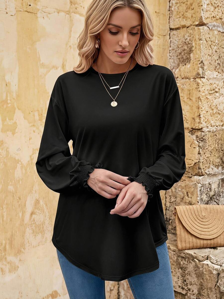 EMERY ROSE Mujeres camiseta de manga larga suelta de cuello redondo con puños enrollados - Negro - Ver 1