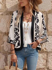 EMERY ROSE Women's Vacation Plant Print 3/4 Sleeve Loose Front Open Casual Lightweight Jacket - Multicolor - View 1
