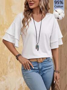 EMERY ROSE Women's Double Layer Ruffled Hem Short Sleeve T-Shirt Brunch Plain All All White Summer Casual Elegant 100 Cotton T-Shirt For Women Office Work - White - View 2