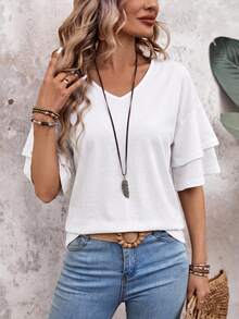 EMERY ROSE Women's Double Layer Ruffled Hem Short Sleeve T-Shirt Brunch Plain All All White Summer Casual Elegant 100 Cotton T-Shirt For Women Office Work - White - View 5