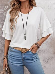EMERY ROSE Women's Double Layer Ruffled Hem Short Sleeve T-Shirt Brunch Plain All All White Summer Casual Elegant 100 Cotton T-Shirt For Women Office Work - White - View 7